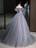 A-Line Off Shoulder Tulle Lace Gray Blue Long Prom Dress HZ1022
