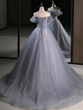 A-Line Off Shoulder Tulle Lace Gray Blue Long Prom Dress HZ1022