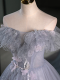A-Line Off Shoulder Tulle Lace Gray Blue Long Prom Dress HZ1022