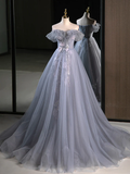 A-Line Off Shoulder Tulle Lace Gray Blue Long Prom Dress HZ1022