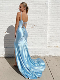Simple V Neck Mermaid Blue Long Prom Dress HZ1022