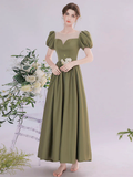 A-Line Green Satin Tea Length Prom Dress HZ1022