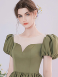 A-Line Green Satin Tea Length Prom Dress HZ1022
