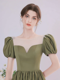 A-Line Green Satin Tea Length Prom Dress HZ1022
