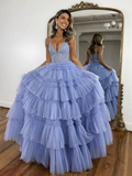 Ball Gown Blue V Neck Lace Tulle Long Prom Dress HZ1022