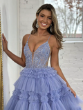 Ball Gown Blue V Neck Lace Tulle Long Prom Dress HZ1022