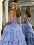 Ball Gown Blue V Neck Lace Tulle Long Prom Dress HZ1022