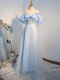 A-Line Tulle Sequin Blue Long Prom Dress HZ1022