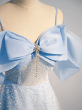 A-Line Tulle Sequin Blue Long Prom Dress HZ1022