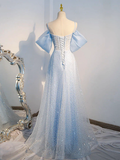 A-Line Tulle Sequin Blue Long Prom Dress HZ1022