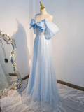 A-Line Tulle Sequin Blue Long Prom Dress HZ1022
