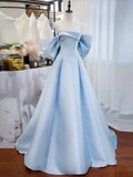 Simple A line Strapless Satin Blue Long Prom Dress HZ1022