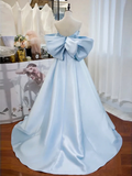 Simple A line Strapless Satin Blue Long Prom Dress HZ1022