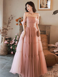 Simple A-Line Pink Off Shoulder Long Prom Dress HZ1022