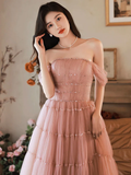 Simple A-Line Pink Off Shoulder Long Prom Dress HZ1022