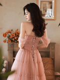 Simple A-Line Pink Off Shoulder Long Prom Dress HZ1022
