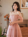 Simple A-Line Pink Off Shoulder Long Prom Dress HZ1022