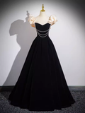 A line Off The Shoulder Evening Party Dress Satin Black Prom Dress HZ1022