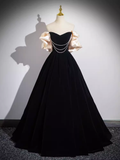 A line Off The Shoulder Evening Party Dress Satin Black Prom Dress HZ1022