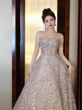 A line Straps Evening Party Dress Sequin Long Prom Dress HZ1022