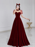 A line Burgundy Evening Party Dress Velvet Long Prom Dress HZ1022