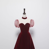 A line Burgundy Evening Party Dress Velvet Long Prom Dress HZ1022