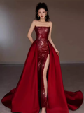 Sexy Mermaid Strapless Sleeveless Party Dress Red Long Prom Dress HZ1022