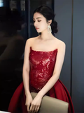 Sexy Mermaid Strapless Sleeveless Party Dress Red Long Prom Dress HZ1022