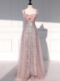Princess A Line Straps Party Dress Sequin Pink Prom Dress HZ1022