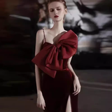 Mermaid Straps Velvet Red Party Dress Long Slit Prom Dress HZ1022