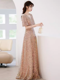 A line Sequin Gold Party Dress Long Prom Dress HZ1022