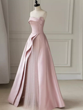 A line Strapless Pink Party Dress Long Satin Prom Dress HZ1022