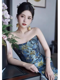 Vintage A line Strapless Party Dresses Long Blue Prom Dresses HZ1022