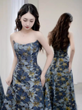 Vintage A line Strapless Party Dresses Long Blue Prom Dresses HZ1022