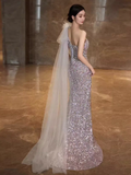 Princess Mermaid One Shoulder Party Dresses Sequin Lilac Prom Dresses HZ1022
