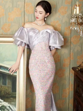 Sexy Mermaid Off The Shoulder Sequin Lilac Long Prom Dresses HZ1022