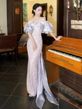 Sexy Mermaid Off The Shoulder Sequin Lilac Long Prom Dresses HZ1022