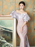 Sexy Mermaid Off The Shoulder Sequin Lilac Long Prom Dresses HZ1022