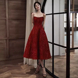 Elegant Spaghetti Straps Vintage Lace Red Dress Women Birthday Outfits HZ1022