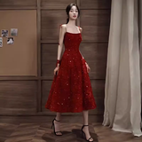 Elegant Spaghetti Straps Vintage Lace Red Dress Women Birthday Outfits HZ1022