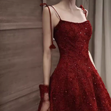 Elegant Spaghetti Straps Vintage Lace Red Dress Women Birthday Outfits HZ1022