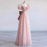 Princess A line Pink Short Sleeves Sequin Long Prom Dresses HZ1022