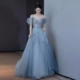 Princess A line Blue Sequin Long Prom Dresses HZ1022