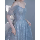 Princess A line Blue Sequin Long Prom Dresses HZ1022