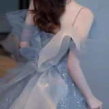 Princess A line Blue Sequin Long Prom Dresses HZ1022