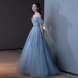 Princess A line Blue Sequin Long Prom Dresses HZ1022