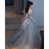 Princess A line Blue Sequin Long Prom Dresses HZ1022