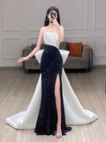 Mermaid Strapless Black Satin Long Slit Prom Dresses HZ1022