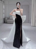 Mermaid Strapless Black Satin Long Slit Prom Dresses HZ1022