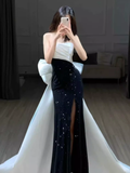 Mermaid Strapless Black Satin Long Slit Prom Dresses HZ1022
